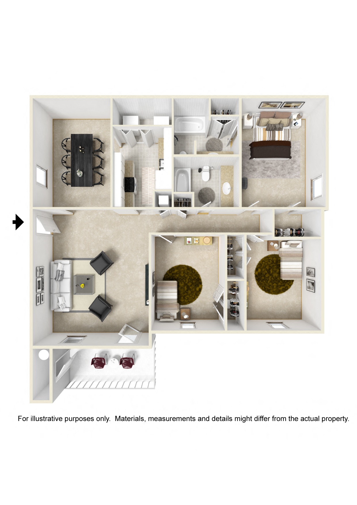 Floor plan for 3 beds, 2 baths, 1300 sqft